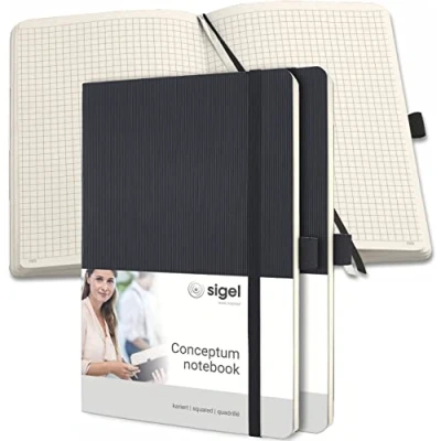 Abbildung von SIGEL CO320/3 Premium Notizbuch kariert, A5, Softcover, 194 nummerierte Seiten, schwarz, 3er Pack, mit Inhaltsverzeichnis, Stiftschlaufe, Falttasche, Gummibandverschluss, Conceptum