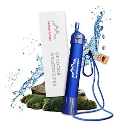 Abbildung von Alpenwert Wasserfilter Outdoor Camping Reisen Trinkwasser Filter für Wandern Trekking, Zubehör alle Trinkflaschen, Universell, Filtert bis zu 4000 Liter und 99,99% aller Keime Bakterien abtötet