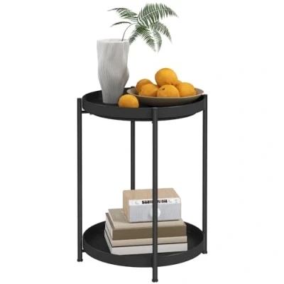Abbildung von HOMCOM Beistelltisch, Couchtisch mit 2 Ablage, Runder Kaffeetisch, für Wohnzimmer, Schlafzimmer, 44 x 56 cm, Stahl, Schwarz