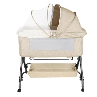 Abbildung von HUOLE 3 in 1 Beistellbett &amp; Babywiege Reisebett, 4 stufig Höhenverstellbares Babybett, neigbar, Kinderbett, Stubenwagen für Babys bis 25kg belastbar 104 x 52 100110 cm gebrochenes Weiß