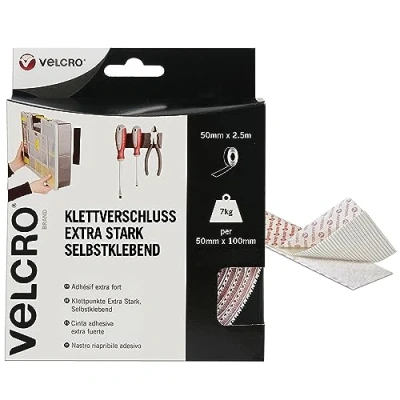 Abbildung von VELCRO Marke Klettband Selbstklebend Zuschneidbares industrielles extra starkes doppelseitiges selbstklebendes mit Klettverschluss Weiß 50 mm x 2,5 m