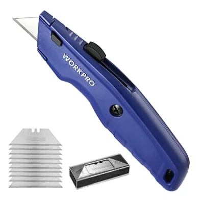 Abbildung von WORKPRO Premium Teppichmesser, Einziehbarer Universalmesser aus Vollmetall, Strapazierfähiger Cuttermesser mit Schnellwechselklinge, 10 zusätzlichen Klingen, Blau