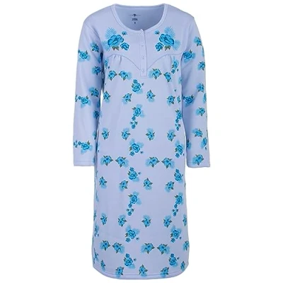 Abbildung von Nachthemd Damen Thermo Langarm Blumen Winter Knöpfe Größe M L XL XXL, Größe:M, Farbe:Hellblau