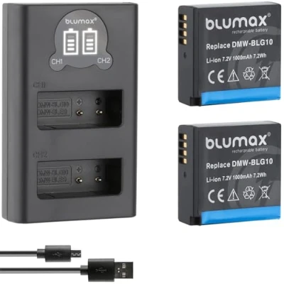 Abbildung von 2X Blumax DMW BLG10e Akku 1025mAh + Slim Dual LCD Ladegerät kompatibel mit Panasonic Lumix DC TZ95D GX9 TZ202 TZ91 DMC TZ101 TZ81 GF6 GX7 GX80 LX100 G110