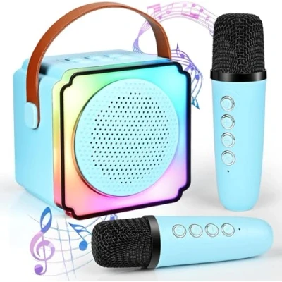 Abbildung von Karaoke Maschine Kinder mit 2 Mikrofon Kinde Mini Tragbares Bluetooth Lautsprecher Stimme wechselnde Effekte &amp; LED Lichteffektenfür Partei, Geschenke für Geburtstag, Weihnachten (Blau)