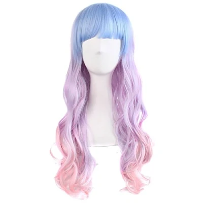 Abbildung von MapofBeauty Ladieshair schöne lang wellige Harajuku Stil Lolita Cosplay Perücke (Hellblau+Helllila+Rose)