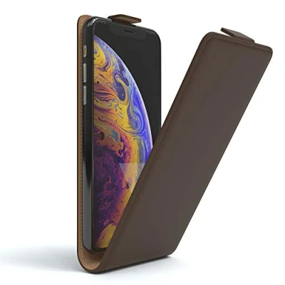 Abbildung von EAZY Case Hülle kompatibel mit iPhone X/XS Flip Cover zum Aufklappen, Handyhülle aufklappbar, Schutzhülle, Flipcover, Flipcase, Flipstyle vertikal klappbar, aus Kunstleder, Braun