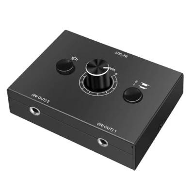 Abbildung von UNSTINCER 3,5mm Audio Switch 2(1) In 1(2) Out, Analog Stereo Sound Umschalter mit Volume Knopf Mute Button, ab Aux Selector Schalter Umschaltung für Radio Phone Lautsprecher Kopfhörer PC