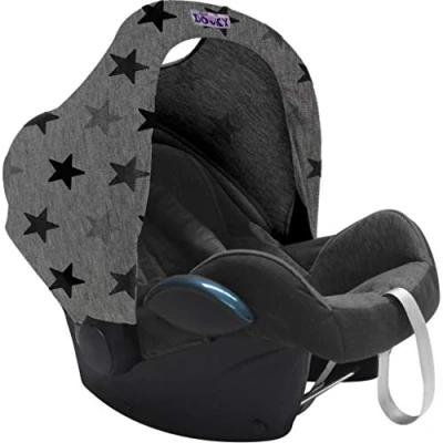 Abbildung von Original Dooky Hoody Sonnenschutz Sonnenverdeck für Babyschalen oder Kinderwagen (Design: Grey Stars, inkl. UV Schutz 40+, Altersgruppe 0+, Universal geeignet die meisten Marken)