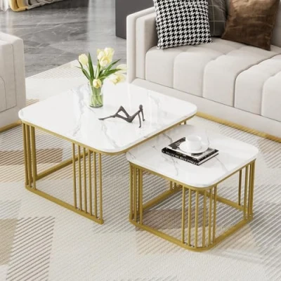 Abbildung von Merax Quadratisch Couchtisch 2er Set, Moderne Wohnzimmertisch mit Marmor Furnier, Hochglanz Satztisch Stauraum, für Wohnzimmer, Balkon und Büro, Metallgestell, Weiß Gold