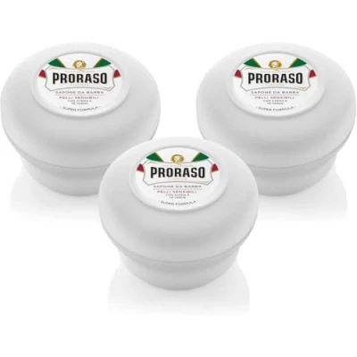 Abbildung von Proraso Rasierseife in Schüssel für empfindliche Haut, 3 x 150 ml, angereichert mit Extrakten aus Hafer und grünem Tee, hergestellt Italien
