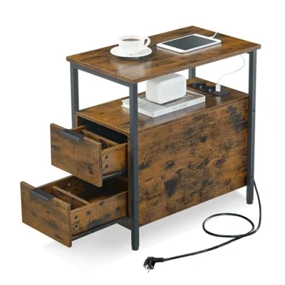 Abbildung von VASAGLE Beistelltisch, 2er Set, Nachttisch mit Steckdosenleiste, 2 Schubladen, Sofatisch, Nachtschrank für Wohnzimmer, Schlafzimmer, vintagebraun klassikschwarz LCT648B01