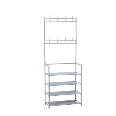 Abbildung von Herzberg HG03404, Garderobenständer mit 4 stufigem Schuhregal, 8 robusten Haken und Platz für 12 Paar Schuhe, 60x26x155 cm, Einfach zu montieren bewegen