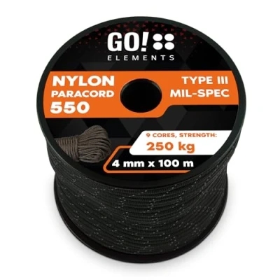 Abbildung von GO!elements 100m Paracord Seil aus reißfester Nylonschnur 4mm 550 Typ III Schnur geeignet als Allzweckseil &amp; Reepschnur Max. 250kg, Farbe: Schwarz Reflektierenden