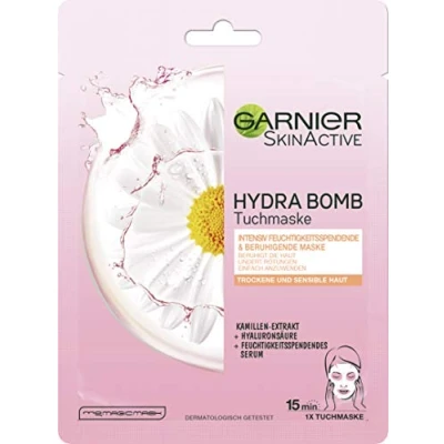 Abbildung von Garnier Tuchmaske, für trockene, sensible Haut, intensiv feuchtigkeitsspendende, beruhigende Maske, Hydra Bomb, SkinActive, 5er Pack (5 x 32 g)