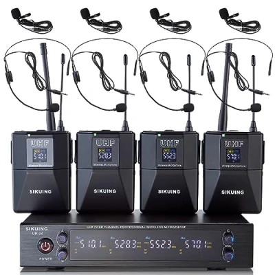 Abbildung von SIKUING 4 Kanal UHF Drahtlos Mikrofonsystem mit Lavalier Kopfbügelmikrofonen, 4x50 einstellbare Frequenzen, ideal für Karaoke Treffen, Kirche, 300ft Reichweite (4 Bodypack)