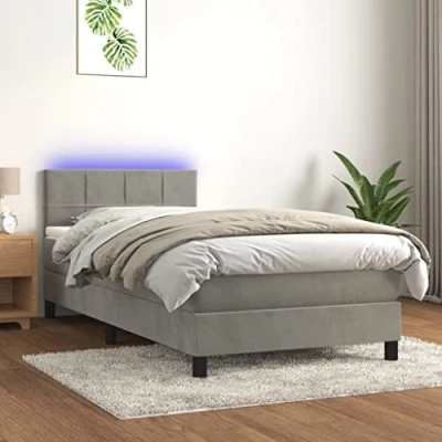 Abbildung von vidaXL Boxspringbett mit Matratze LED Bett Einzelbett Bettgestell Polsterbett Bettrahmen Lattenrost Schlafzimmerbett Hotelbett Hellgrau 100x200cm Samt