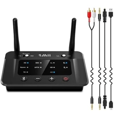 Abbildung von 1Mii B03 Bluetooth 5.3 Transmitter Sender Empfänger für TV, aptX HD Low Latency Drahtloser Audioadapter 2 Kopfhörer Stereoanlage, Große Reichweite, Digital Optical, AUX, RCA