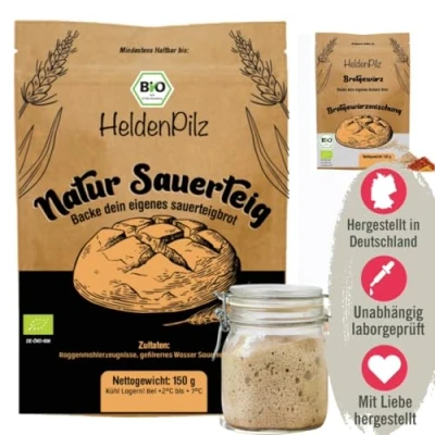 Abbildung von HeldenPilz® FRISCHER Bio SAUERTEIG Set zum Brotbacken + Geschenk knuspriges Brot selber machen inkl. Anleitung und Rezepten 100% natürliche Zutaten nachhaltig plastikfrei verpackt
