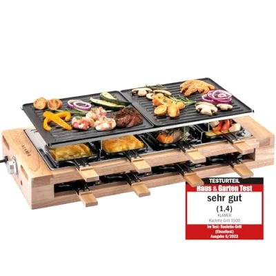 Abbildung von KLAMER Raclette 8 Personen, 1500W Grill mit Holzgestell, antiha…