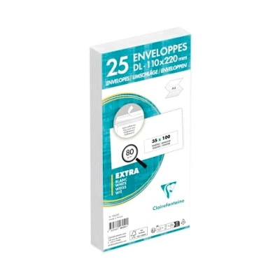 Abbildung von Clairefontaine 10625C Packung mit 25 Umschlägen weiß DL 110x220mm, vertraulich, selbstklebend, 80g, Sichtfenster Pergamin Papier 35x100 (20/20), 1 Pack