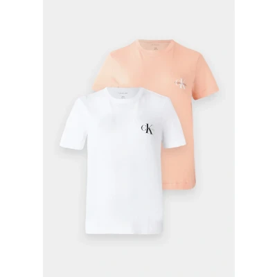 Abbildung von Calvin Klein Damen 2er Pack T Shirts Kurzarm Logo Tee mit Rundhalsausschnitt, Mehrfarbig (Just Peach/Brilliant White), L