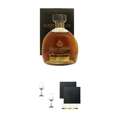 Abbildung von Claude Chatelier Cognac XO mit Etui 0,7 Liter + Nosing Gläser Kelchglas Bugatti Eichstrich 2cl und 4cl 2 Stück Schiefer Glasuntersetzer eckig ca. 9,5 cm Ø