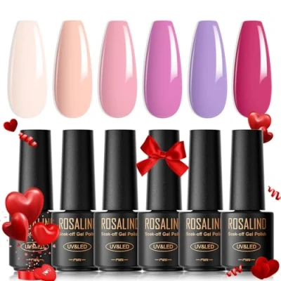 Abbildung von ROSALIND UV Nagellack Pastell, 6 Farben Mini Gel Set Weiß Hellrosa Dunkelrosa Lila Rosa Shellac Soak Off UV/LED Nail Polish French Manicure für Frauen Mutter Geschenkset DIY zu Hause