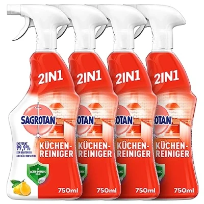 Abbildung von Sagrotan Küchen Allzweck Reiniger Spritzige Zitrone 2in1 Desinfektionsreiniger für die zuverlässige Reinigung von Küchenoberflächen 4 x 750 ml Sprühflasche