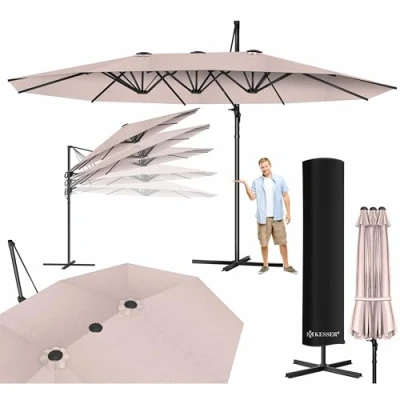 Abbildung von KESSER® Sonnenschirm Doppelsonnenschirm 4,6m x 2,7m Ampelschirm Abdeckung &amp; Windsicherung mit Kurbel Ständer Kurbelschirm Aluminium wasserabweisend Neigbar Kippbar 360 Drehbar Taupe