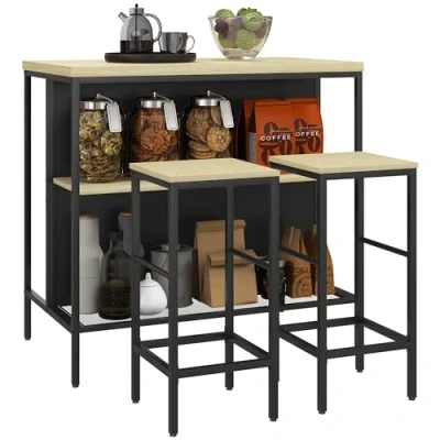 Abbildung von Bartisch mit Barhocker Set, Küchentisch 2 Barhocker, Stahl, Eiche