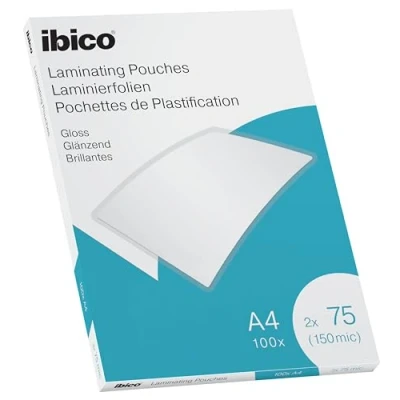 Abbildung von Ibico Laminierfolien A4 150 Mikron (2 x 75 mic), 100 Stück, Glänzende Heißlaminierfolien, Abgerundete Ecken, Dünn und transparent, Kristallklar, Ideal für Büro oder Schule, 627316