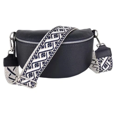 Abbildung von MIRROSI® Bauchtasche Damen, Echtleder, Made in Italy, Umhängetasche, Brusttasche, Crossbody Bag (1 Tasche &amp; 2 Gurte) (Navy (Kette), Mittelgroße (25x16x7cm))
