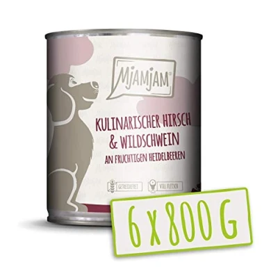 Abbildung von MjAMjAM Premium Nassfutter für Hunde kulinarischer Hirsch &amp; Wildschwein an Preiselbeeren, 6er Pack (6 x 800 g), getreidefrei mit extra viel Fleisch