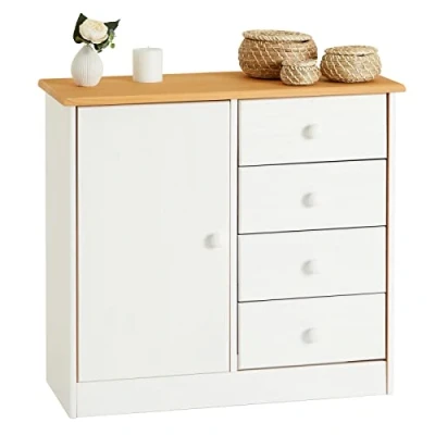 Abbildung von IDIMEX Kommode Rondo in weiß/braun mit 4 Schubladen und 1 Tür, Schubladenschrank aus Kiefer im Landhausstil