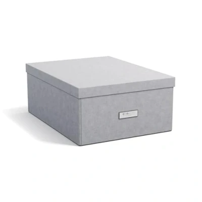 Abbildung von Bigso Box of Sweden KATRIN große Aufbewahrungsbox mit Deckel stabiler Organizer aus Faserplatte und Papier in Leinenoptik praktische Faltbox Etikettenrahmen hellgrau