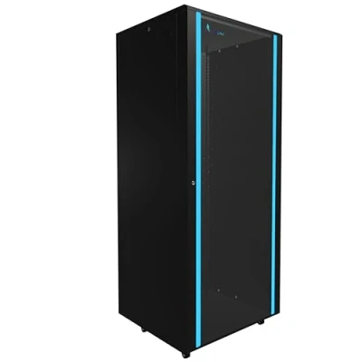 Abbildung von Netzwerkschrank 19 Zoll 42 HE 800x800 freistehend abnehmbare Seitenwände selbstmontierender Rahmen Serverschrank für Switches UPS Server gehärtetes Glas Schwarz Rack