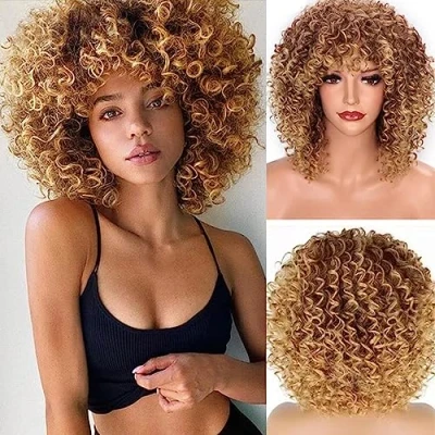 Abbildung von Sabosi Afro Perücke Braun Blond Brazilian Synthetische Brasilianisches Verworrene Lockige Natürliche Haar für Frauen, Kinky Curly mit Pony kurze Perücken Schwarze Damen