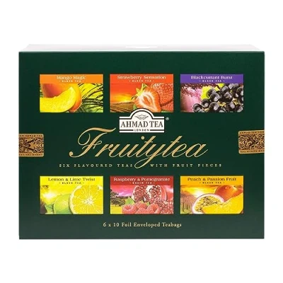 Abbildung von Ahmad Tea Fruitytea Schwarz und Grüntee Sortiment 6 Sorten Mango, Erdbeere, Johannisbeere, Zitrone &amp; Limette, Himbeer Granatapfel, Pfirsich Passionsfrucht Aromaversiegelt 60 Teebeutel