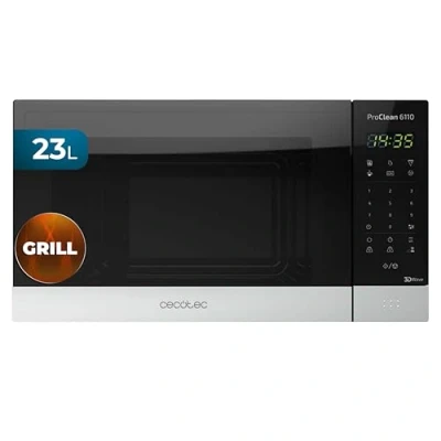 Abbildung von Cecotec Mikrowelle Pro Clean 6110. 800 W, Grill 1000 23 L, Ready 2 Beschichtung 3D Wave Frontspiegel 8 Programme, 100 Min Timer, LED, Edelstahl In Schwarz Silber