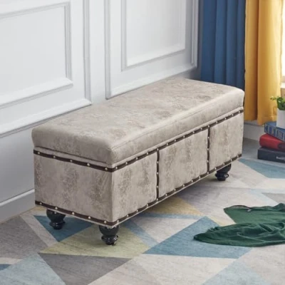 Abbildung von Shally Dogan Sitztruhe für den Innenbereich mit gepolstertem Sitz, Bezug aus Nubukleder, Fußhocker Schlafzimmer, Wohnzimmer, 80 x 40 43 cm (Khaki)