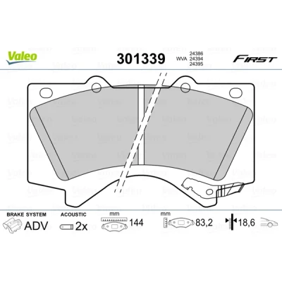 Abbildung von VALEO 301339 Bremsbelagsatz Vorderachse inkl. Verschleißwarnkontakt ohne Anti Quietsch Blech TOYOTA: Land Cruiser Prado 120, 150