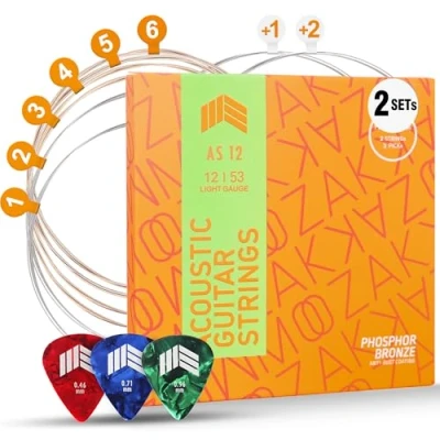 Abbildung von MOOZAK Akkustikgitarrensaiten aus Phosphorbronze, 2er Sets, leichtes Gewicht 12 53, warm und reicher Klang, haltbare Stahlsaiten, zusätzliche 1.&amp;2.Saiten, 3 Picks Ideal für alle Spieler &amp; Geschenke