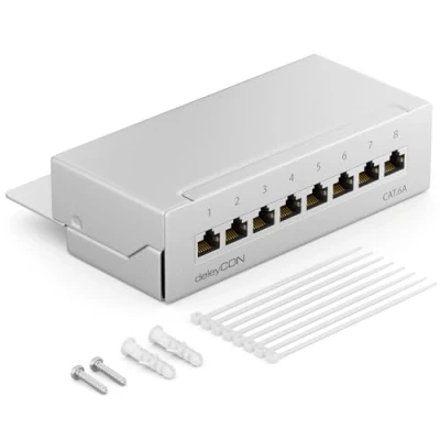 Abbildung von deleyCON CAT 6a Patchpanel Verteilerfeld 8 Port Desktop &amp; Wandmontage Geschirmt 8X RJ45 Buchse TIA568A TIA568B Lichtgrau
