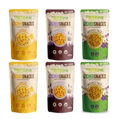 Abbildung von Kichererbsen Snacks: Knusprige Kicher Erbsen Snack aus köstlich gewürztem Mehl 3 Sorten Kichersnacks Salzige Snacks Vegan von NutriPur 6x120g