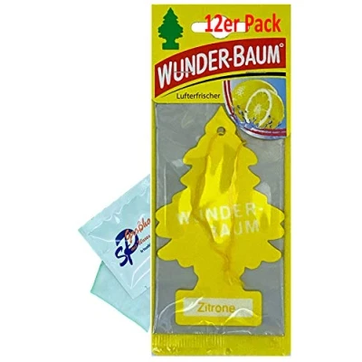 Abbildung von 12 Stück Zitrone Wunder Baum Lufterfrischer Duftbaum inkl. 1 x Glasreinigungstuch von SP Großhandel Gratiszugabe (Zitrone)