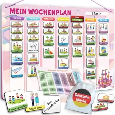 Abbildung von LIKARTO Wochenplaner Kinder [DAS ORIGINAL] Montessori Magnettafel inkl. 194 Magnete &amp; Magnetischer Rückseite Aufgabentafel Lernhilfe zur Selbstständigkeit Wochenplanung Pink