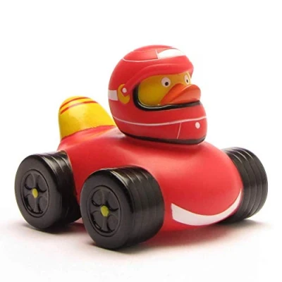 Abbildung von DUCKSHOP I Badeente Rennfahrer Quietscheente L: 7,5 cm inkl. Badeenten Schlüsselanhänger im Set
