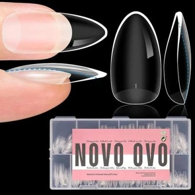 Abbildung von NOVO OVO Extra dicke Nagelspitzen zum Aufdrücken, medium Almond soft gel nail tips thick, natürliche Kurve, mittlere, vollständige Abdeckung, künstliche Nägel für Acryl French 14 Größen, 336 Stück