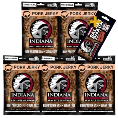 Abbildung von Indiana Pork Jerky, High Protein Trockenfleisch, ohne Zuckerzusatz, Gluten frei (5 x 90g) + Salami Snack 18g